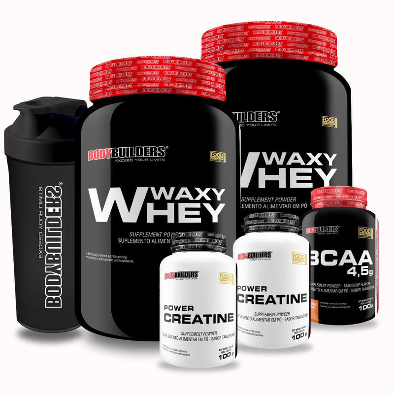 Kit Completo Suplementação – 2x Whey Protein 900g + 2x Creatina 100g + BCAA 100g + Coqueteleiras | Ganho de Massa e Performance